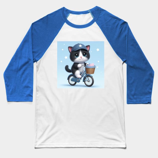 Cute cat on a bike Baseball T-Shirt by grazkaa